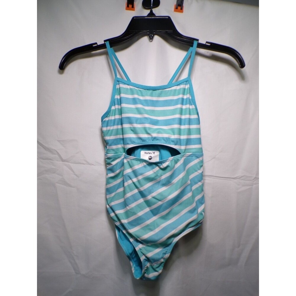 Hurley Girls One Piece Swimsuit Size 7/8 Turquoise White Striped Cutout